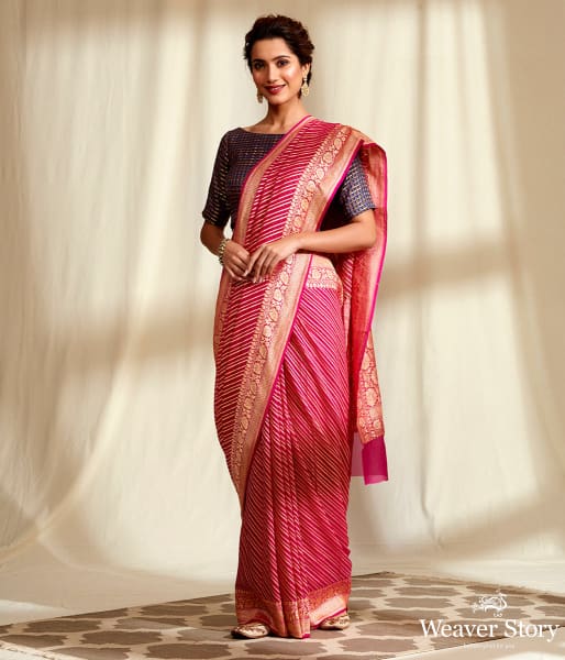 Handwoven Pink Banarasi Georgette Saree in Diagonal Weave