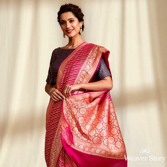 Handwoven Pink Banarasi Georgette Saree in Diagonal Weave