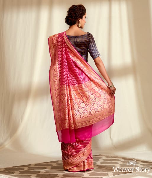 Handwoven Pink Banarasi Georgette Saree in Diagonal Weave