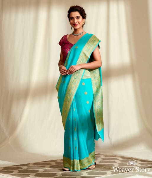Handwoven Banarasi Georgette Saree in Blue with Kadhwa Booti