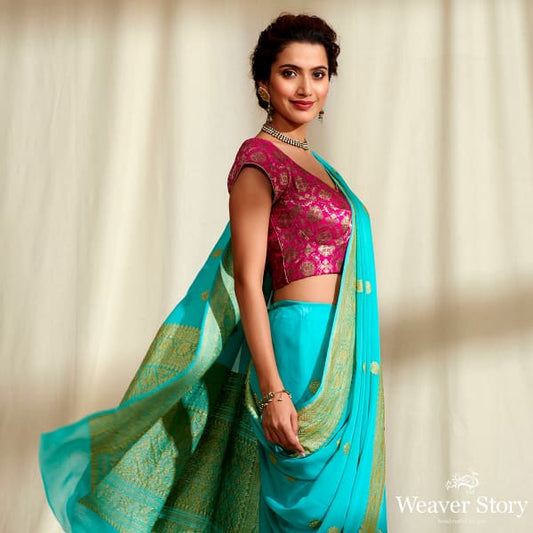 Handwoven Banarasi Georgette Saree in Blue with Kadhwa Booti