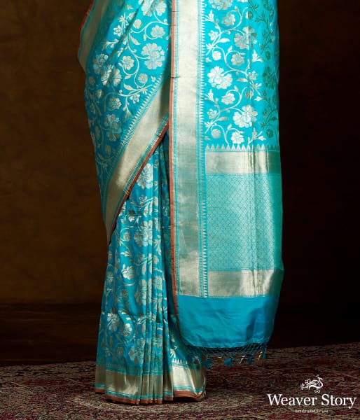 Blue Handwoven Banarasi with Gold and Silver Zari Jaal