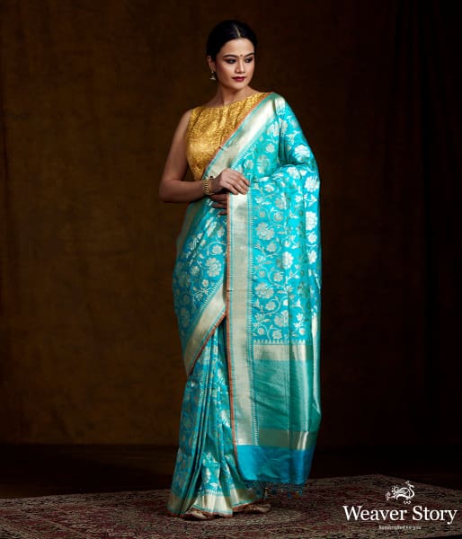 Blue Handwoven Banarasi with Gold and Silver Zari Jaal