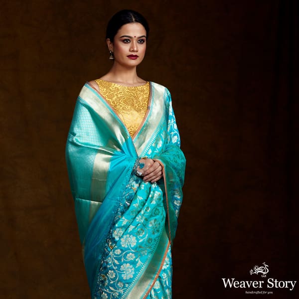 Blue Handwoven Banarasi with Gold and Silver Zari Jaal