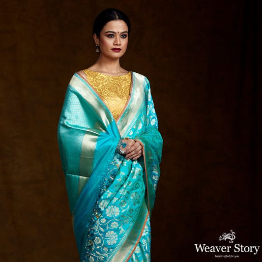 Blue Handwoven Banarasi with Gold and Silver Zari Jaal