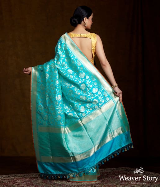 Blue Handwoven Banarasi with Gold and Silver Zari Jaal
