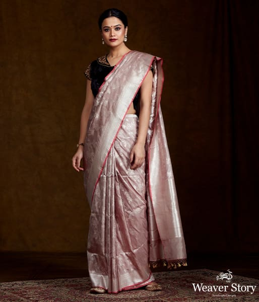 Taupe Handwoven Banarasi with Gold and Silver Zari Jaal