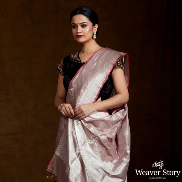 Taupe Handwoven Banarasi with Gold and Silver Zari Jaal