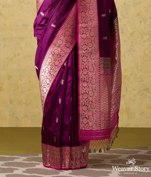 Handwoven Purple Katan Silk Banarasi with Kadhwa Booti and Pink Floral Border