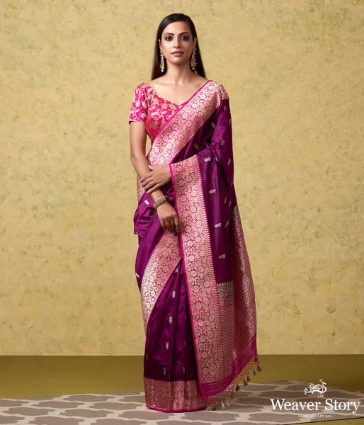 Handwoven Purple Katan Silk Banarasi with Kadhwa Booti and Pink Floral Border
