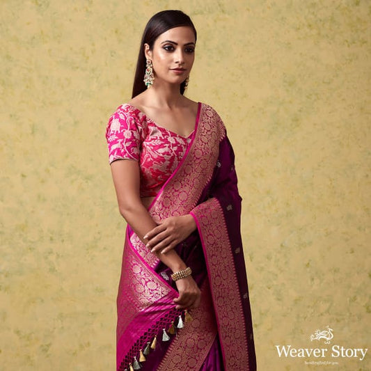 Handwoven Purple Katan Silk Banarasi with Kadhwa Booti and Pink Floral Border