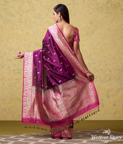 Handwoven Purple Katan Silk Banarasi with Kadhwa Booti and Pink Floral Border