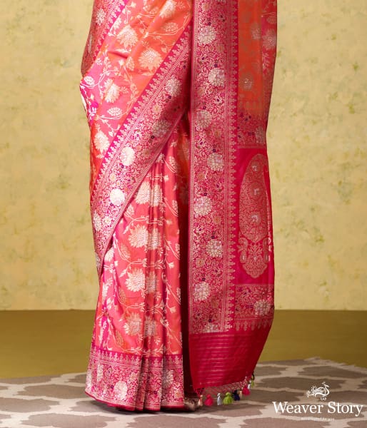Handwoven Pink and Orange Banarasi Jangla with Bright Pink Border and Pallu