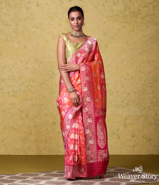 Handwoven Pink and Orange Banarasi Jangla with Bright Pink Border and Pallu