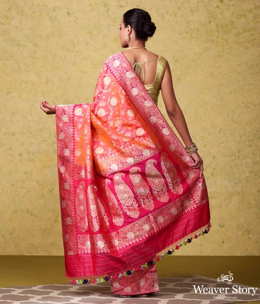 Handwoven Pink and Orange Banarasi Jangla with Bright Pink Border and Pallu