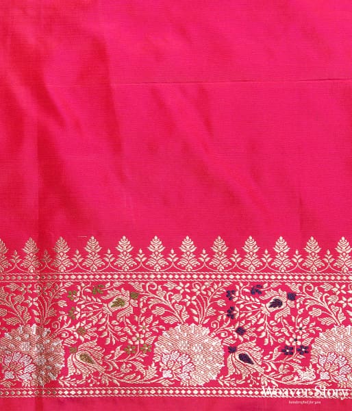 Handwoven Pink and Orange Banarasi Jangla with Bright Pink Border and Pallu