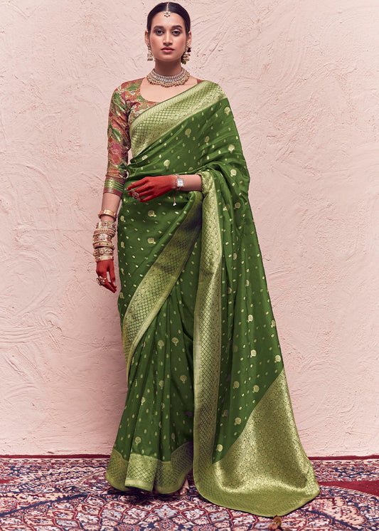 Basil Green Zari Woven Dola Silk Saree With Zari Woven Blouse