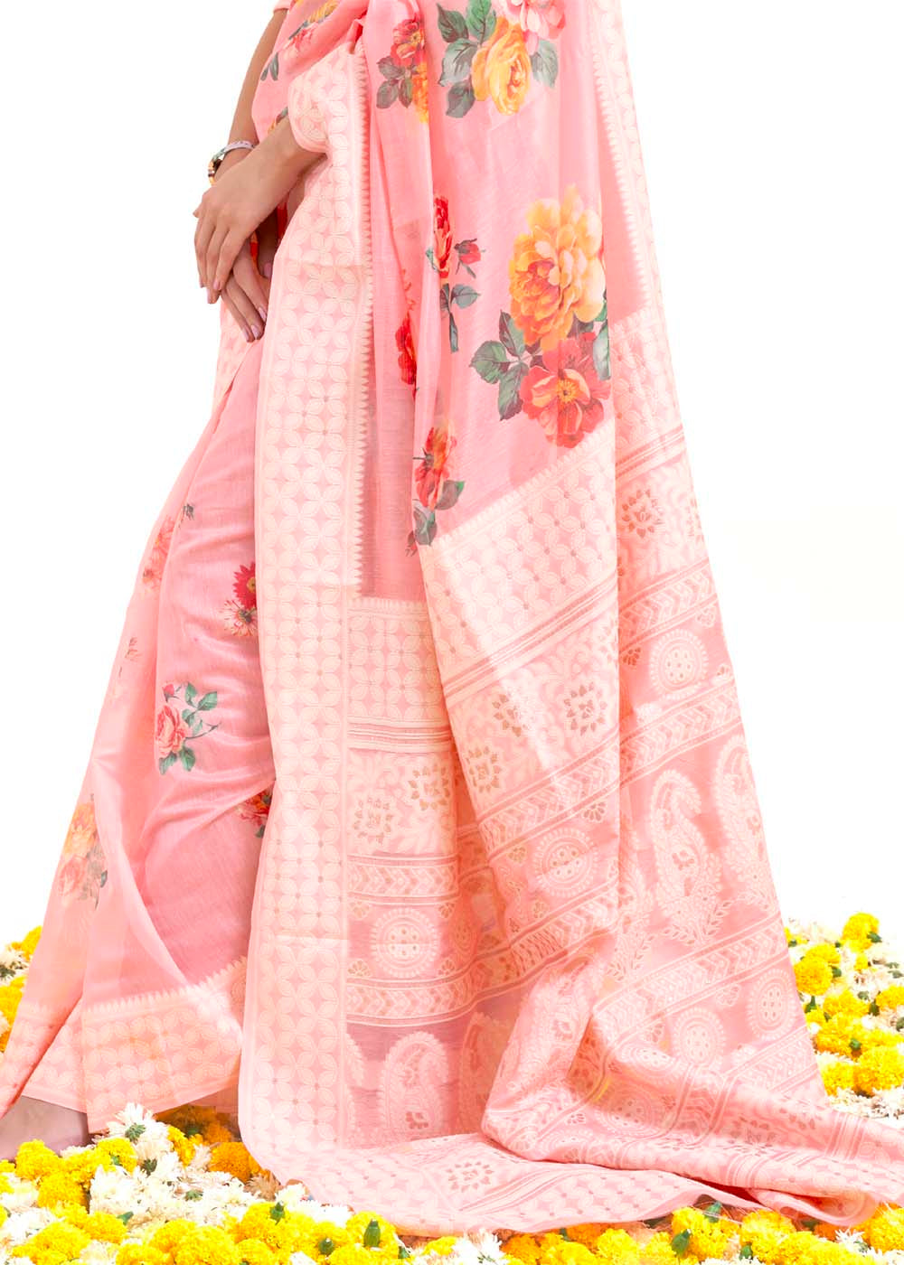 Flamingo Pink Chikankari Silk Saree with Floral Digital Print