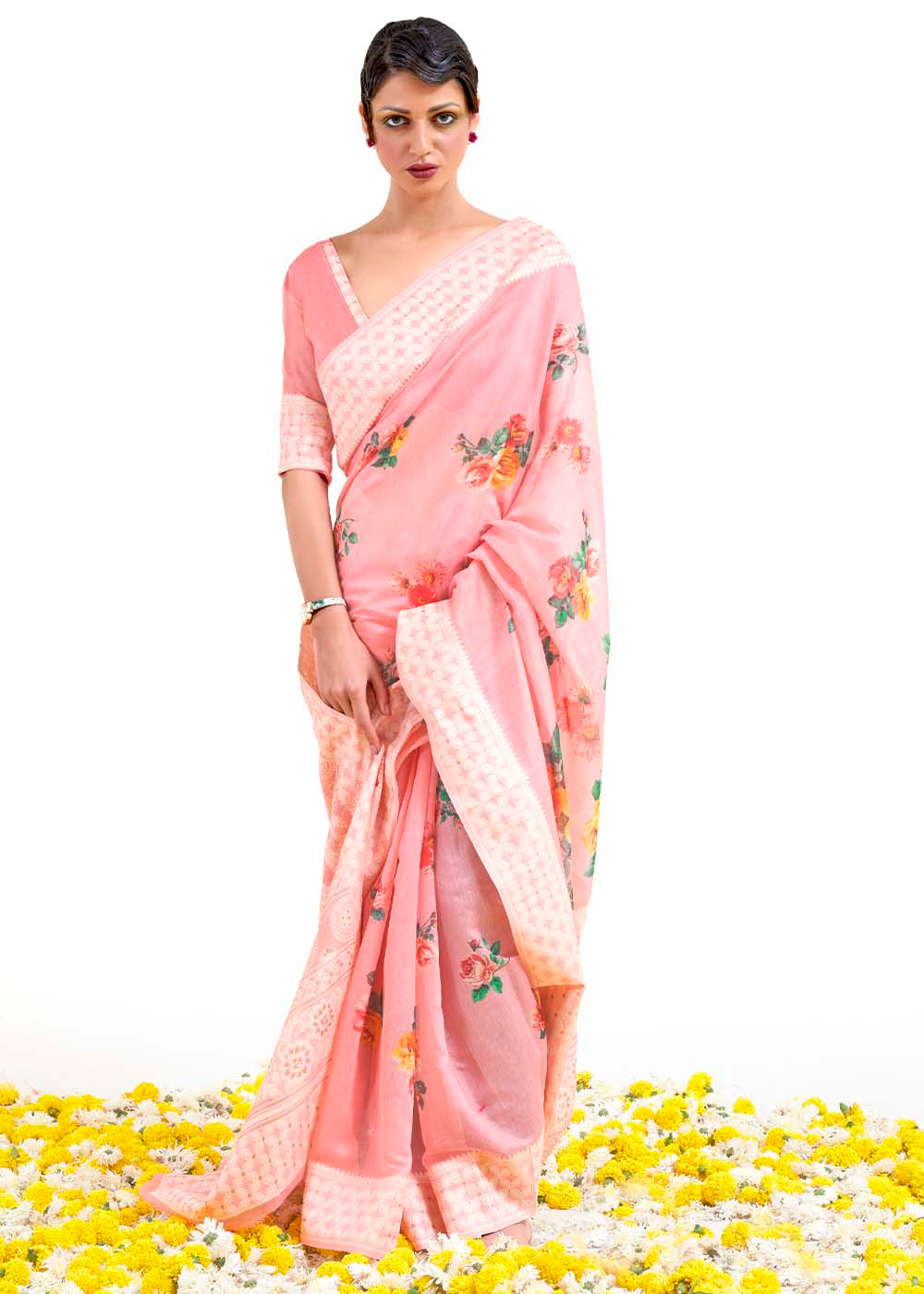 Flamingo Pink Chikankari Silk Saree with Floral Digital Print