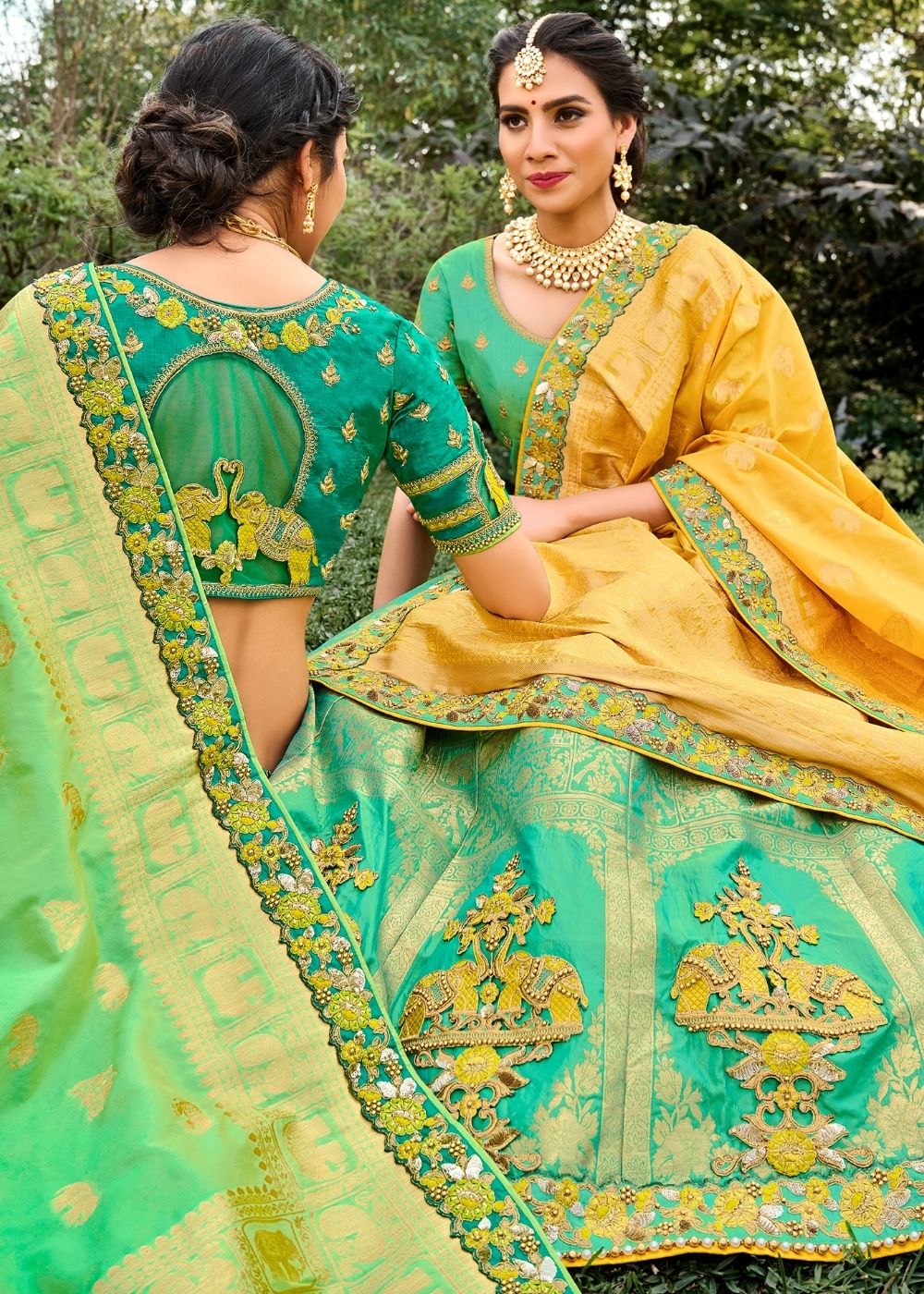 Turquoise Green Banarasi Silk Lehenga Choli