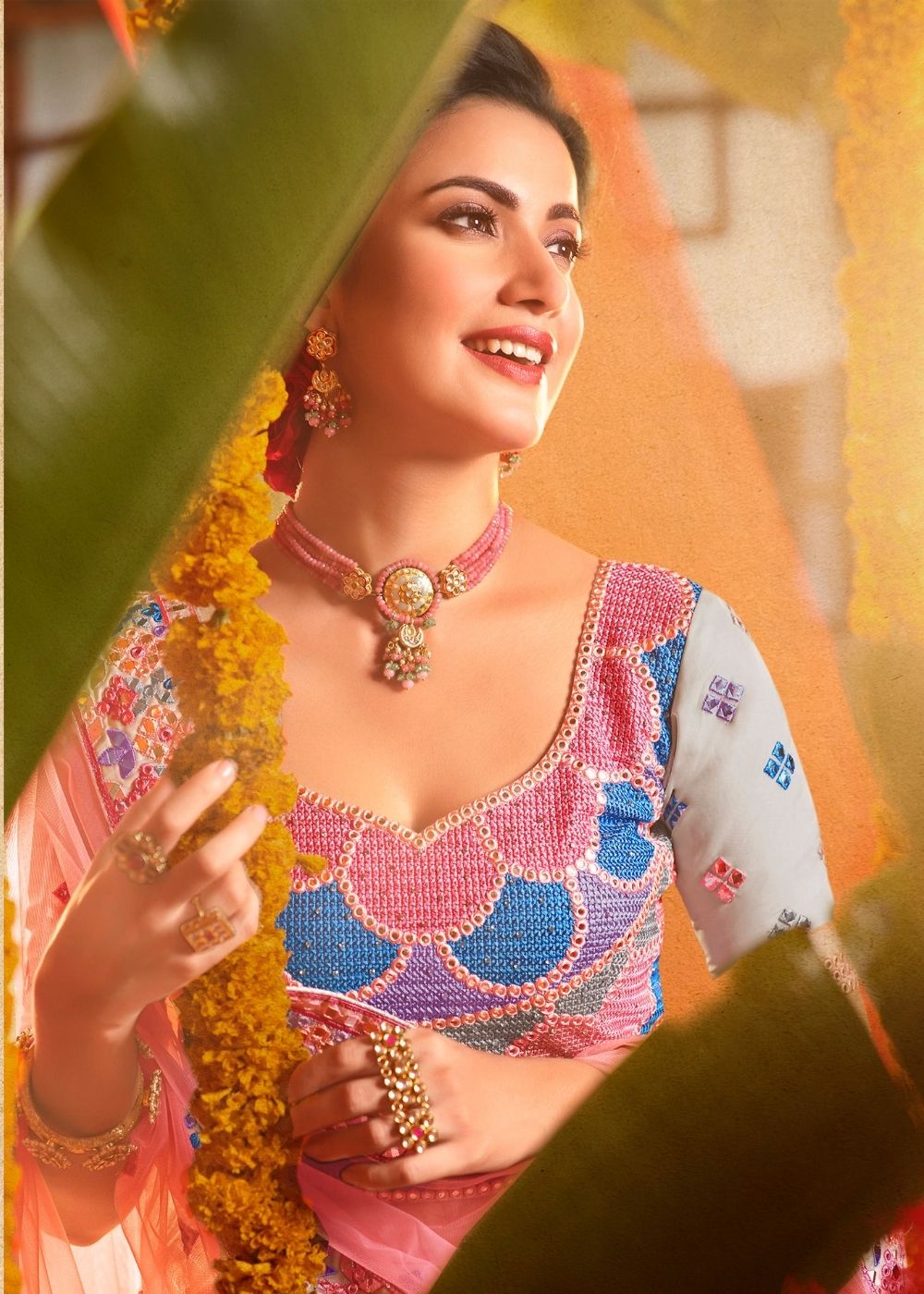 Sky Blue Organza Designer Lehenga Choli with Foil, Mirror, Thread and Zarkan work (Pre-Order)