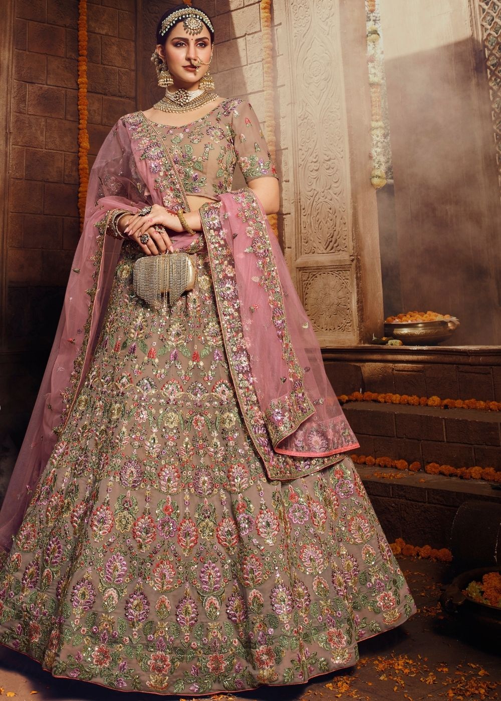 Light Brown Georgette Bridal Lehenga Choli with Resham and Jari Embroidery (Pre-Order) : Top Pick