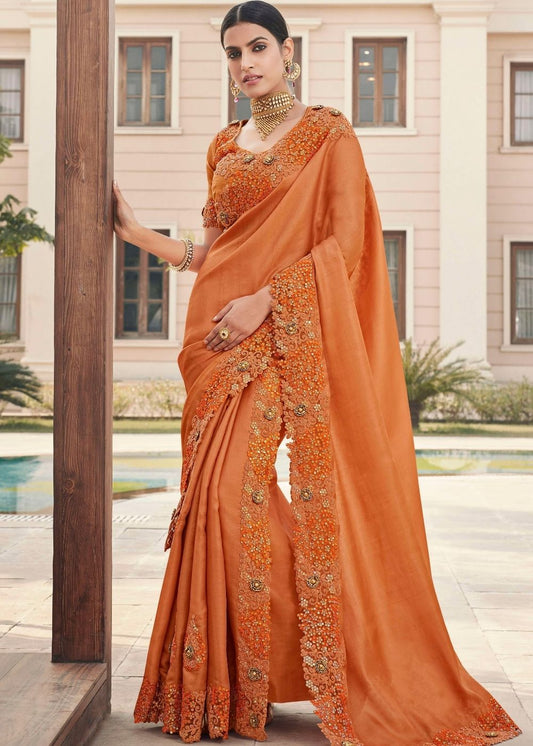 Coral Orange Designer Satin Georgette Saree with Embroidery work