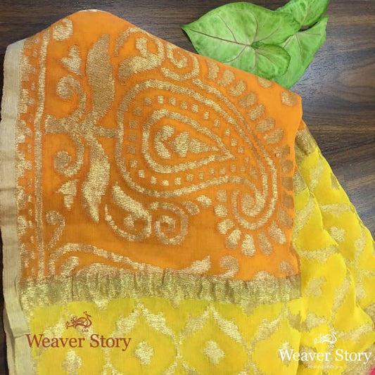 Handwoven Ombre Dye Orange and Yellow Banarasi Georgette Dupatta