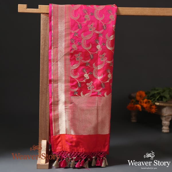 Handwoven Pink Katan Silk Cutwork Meenkari Jangla Dupatta