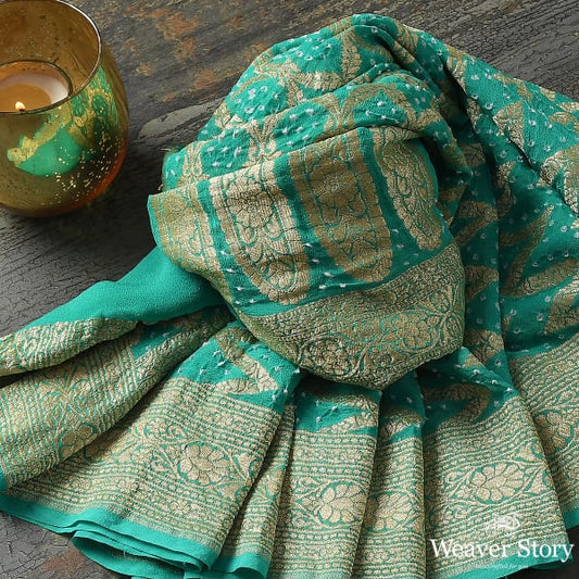 Handwoven Aqua Green Banarasi Bandhej Dupatta