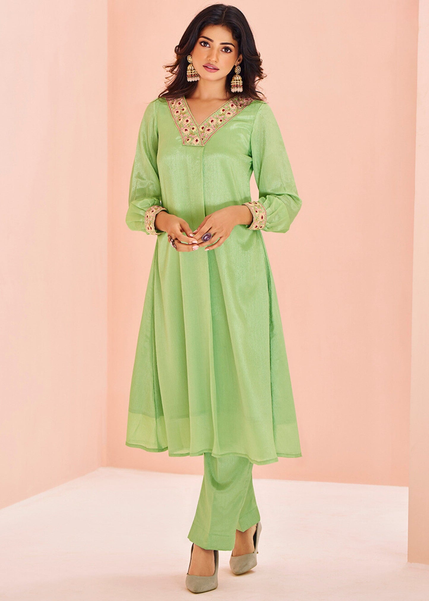 Chinon Green Handwork Kurta with Pant