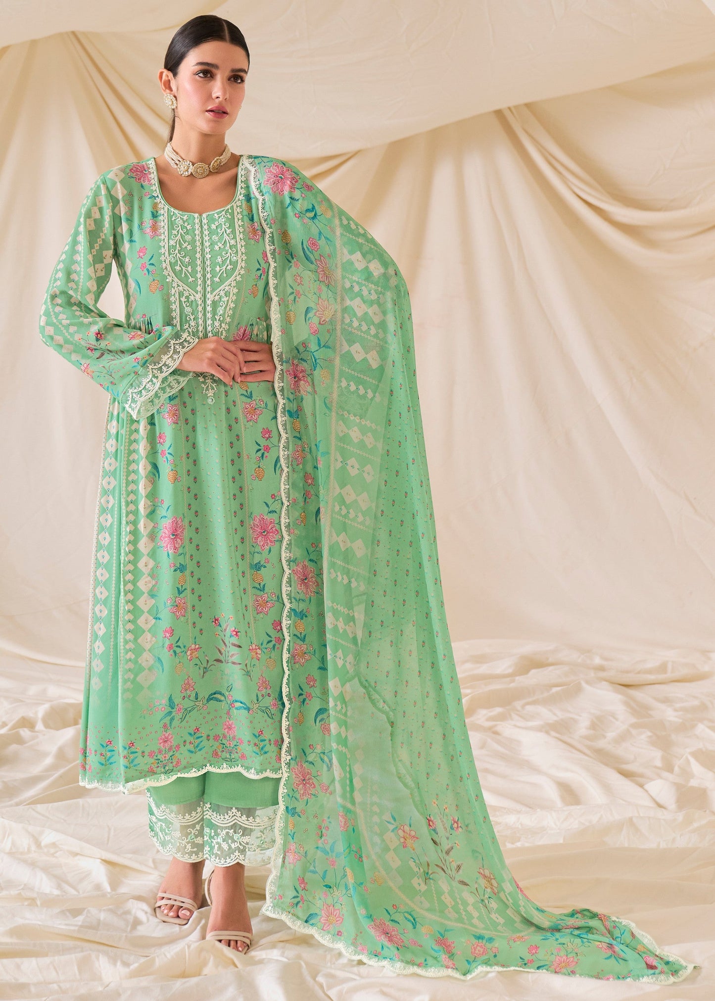 Green Pure Muslin Salwar Suit with Dori Embroidery