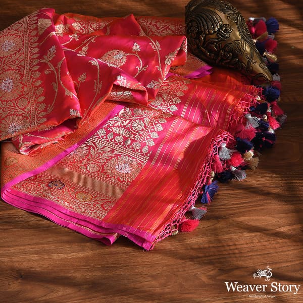 Handwoven Pink and Orange Kadhwa Jangla Dupatta with Sona Rupa Zari