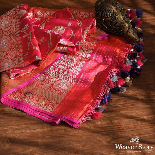 Handwoven Pink and Orange Kadhwa Jangla Dupatta with Sona Rupa Zari