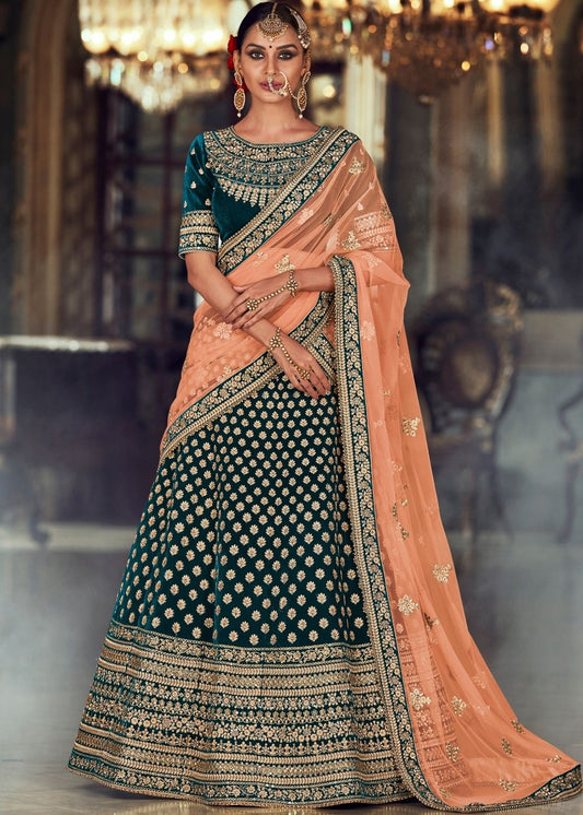 Dark Green Embroidered Designer Velvet Lehenga Choli