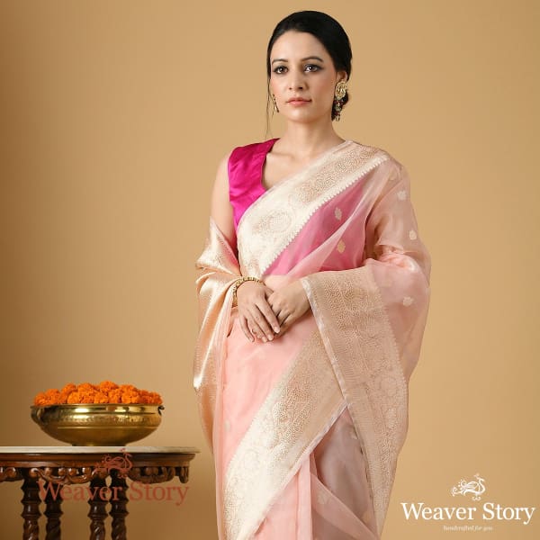 Handwoven Kora Silk Saree in Blush Pink Color