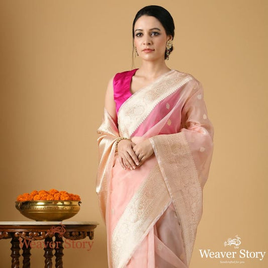 Handwoven Kora Silk Saree in Blush Pink Color