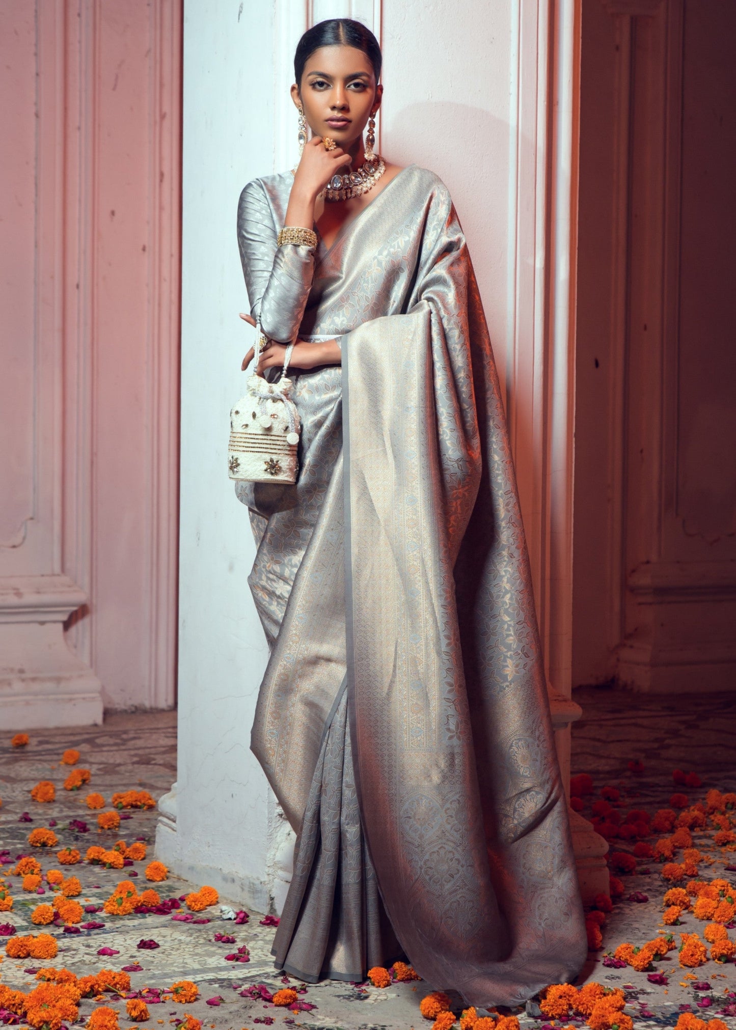 Coin Grey Zari Woven Silk Saree