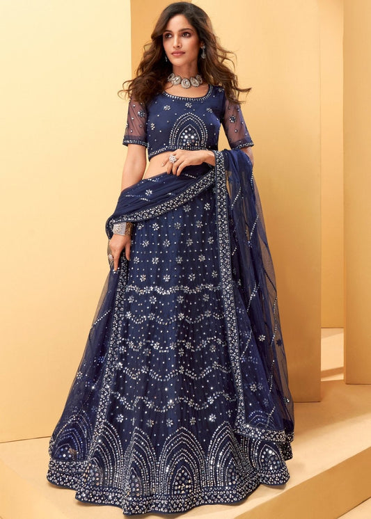 Denim Blue Net Lehenga Choli with Thread Embroidery,Mirror & Zarkan work