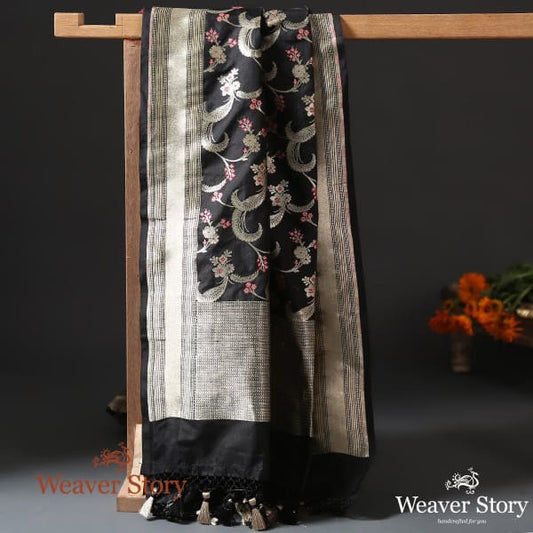 Handwoven Black Katan Silk Meenakari Jangla Dupatta