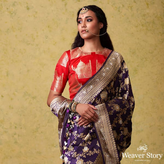 Handwoven Dark Purple Kadhwa Jangla Saree with Meenakari