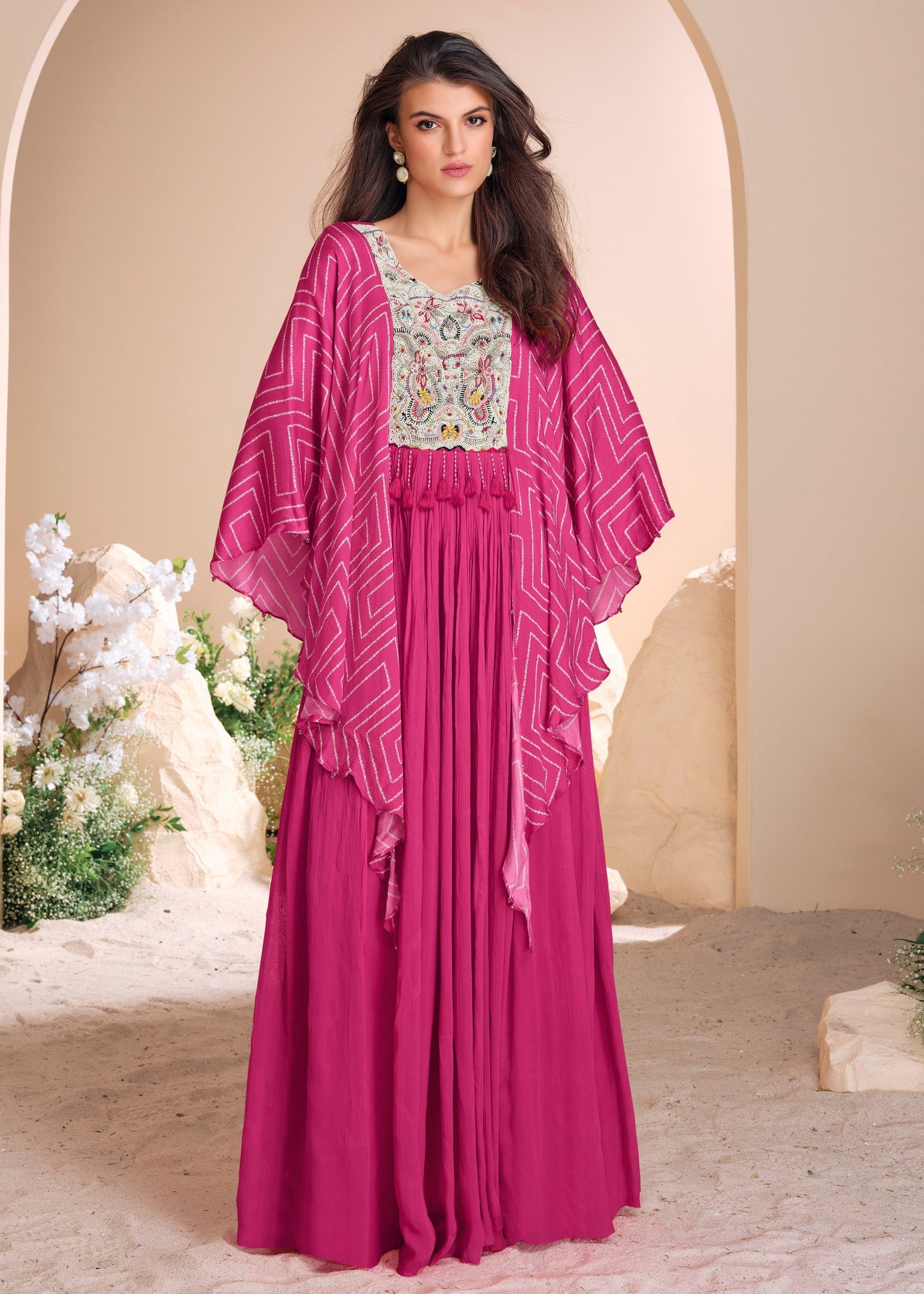 Bright Pink Moti Embroidered Chinon Silk Gown With Digital Sleeves