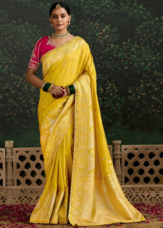 Yellow and Meganta Viscose silk Saree with Zari work