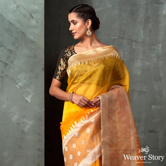 Handloom Yellow Ektara Organza Saree with Beige Kadhwa Booti Border