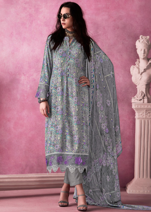 Grey - Purple Pure Muslin Salwar Suit