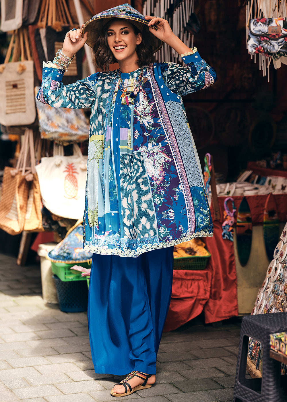 Beautiful Blue Digitally Printed Muslin Silk Designer Cord Set