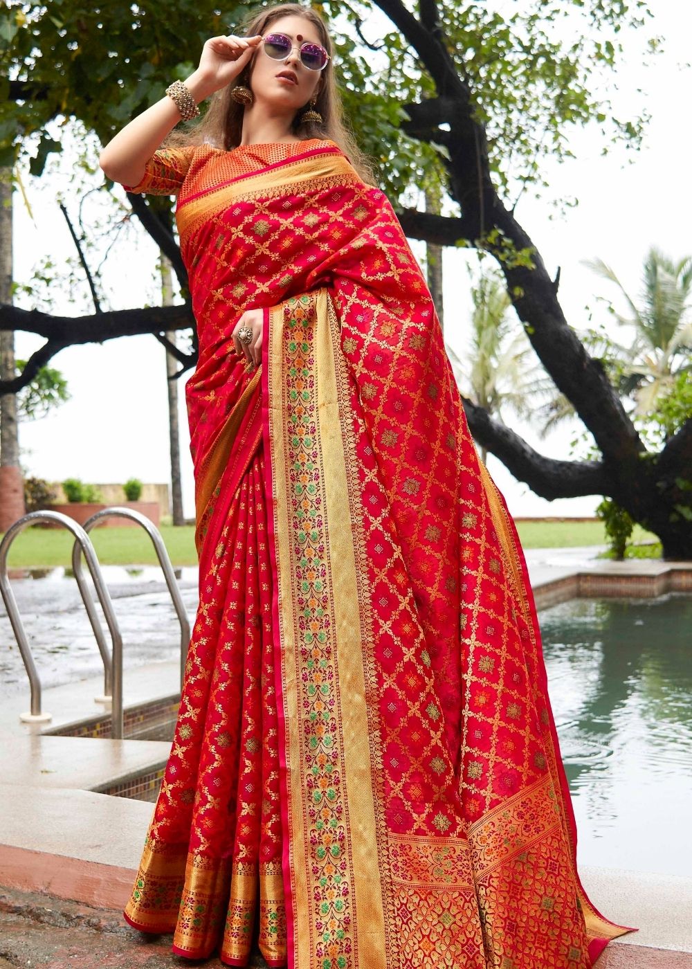 Tomato Red Woven Banarasi-Patola Silk Saree