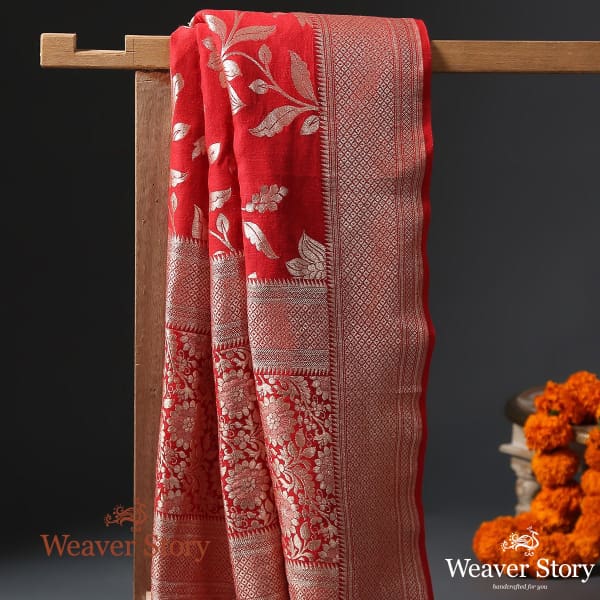 Handwoven Red Munga Silk Dupatta with Cutwork Jaal