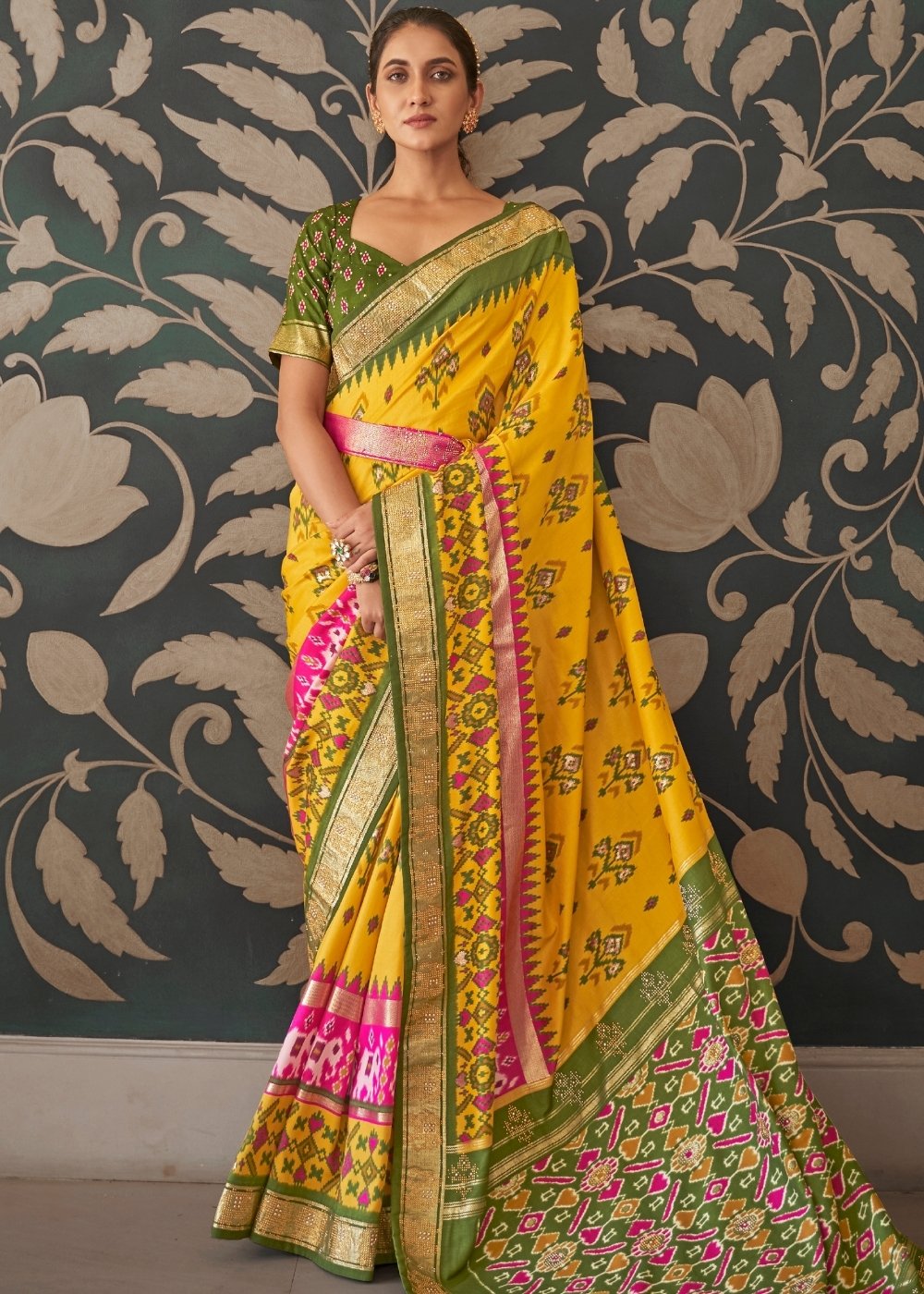 Yellow & Green Patola Silk Saree with Zari Border & Tassels On Pallu