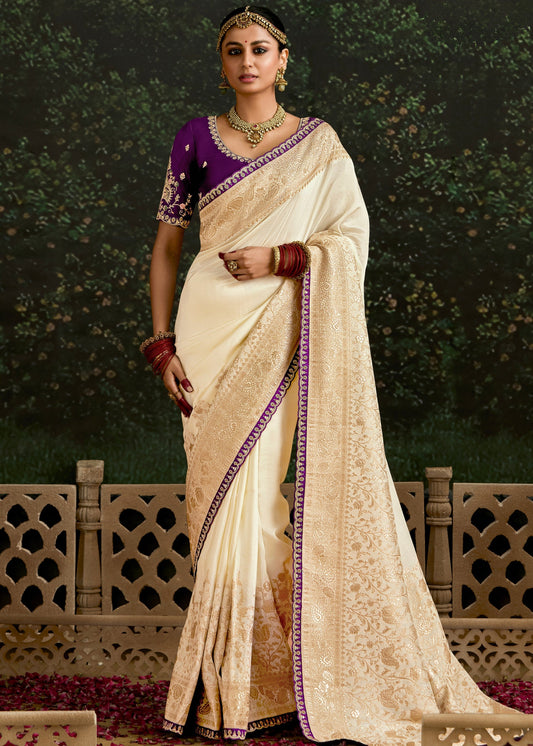 Off-White and Purple Saree with Viscose Silk and Zari Work